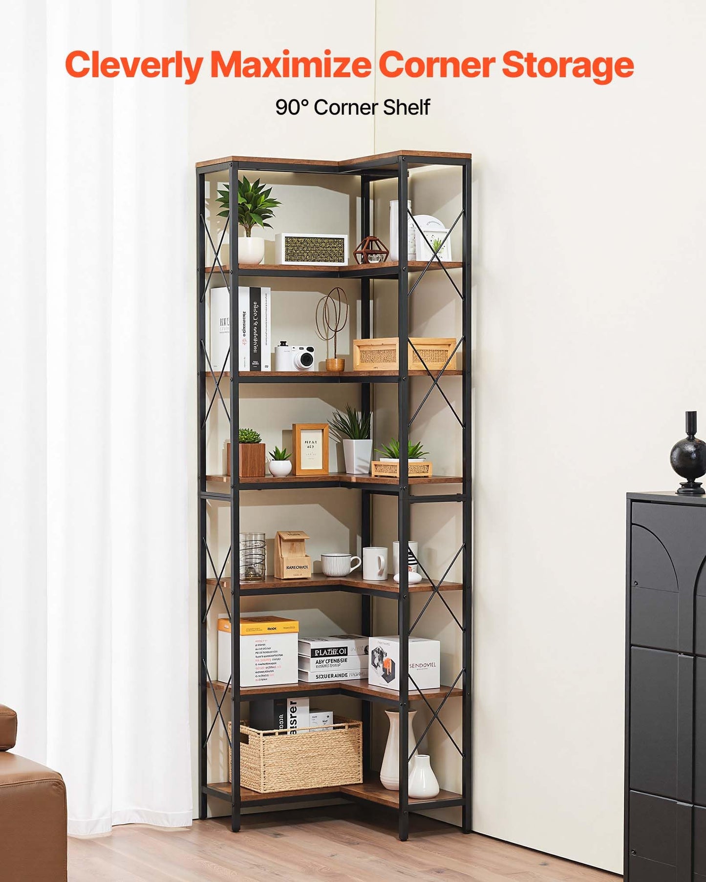 VEVOR 7 Tier Corner Bookshelf, Tall Corner Bookcase Strage, Large L-Shaped Bookshelf Organizer with Metal Frame & Wooden Shelves, Reversible Display Book Shelf Rack for Bedroom, Living Room, Office
