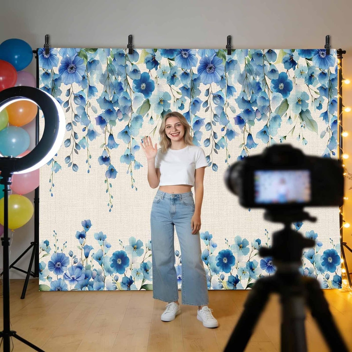 Znujuabbrel 12x8ft Props,Country Photography Backdrop,Retro Blue Flowers on Jam Professional Photo Backdrops