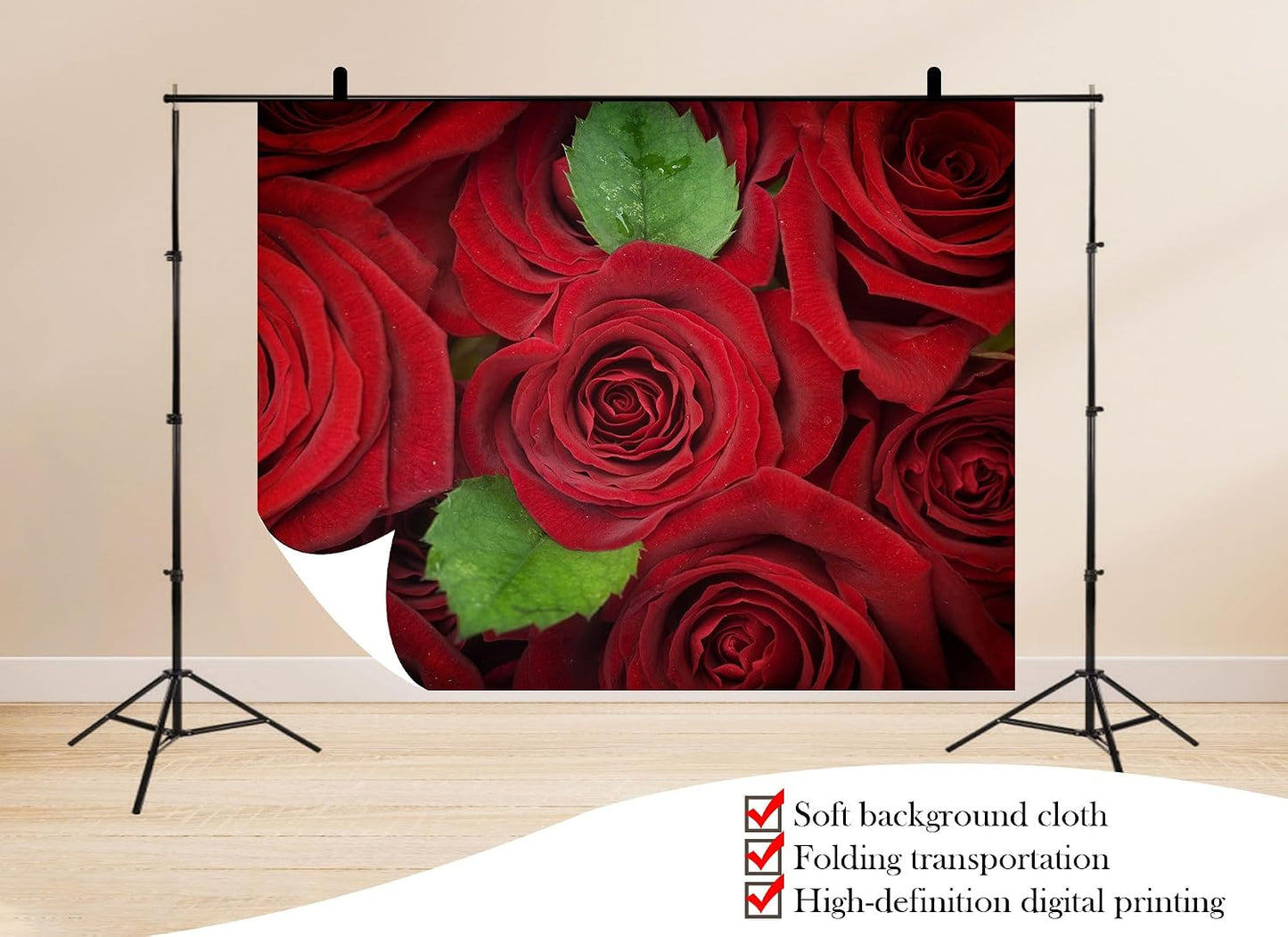 UPXIO 7x7ft Red Roses with Green Leaves Backdrop Romantic Floral Bouquet Photo Background Tapestry for Valentine's Day