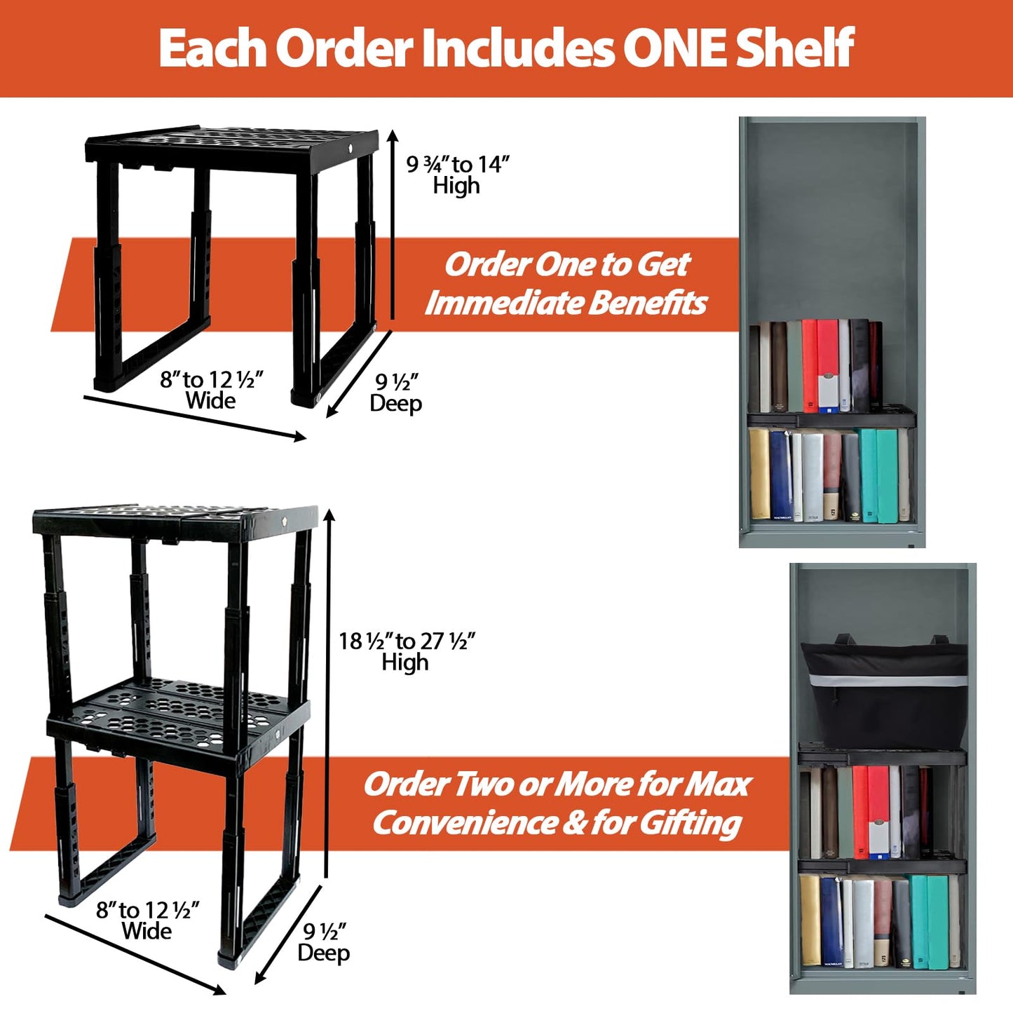 Piffny Locker Organizer Shelf， Adjustable Width and Height, Ideal Locker for School, Office, and Gym Lockers… (White), PLKSLF01