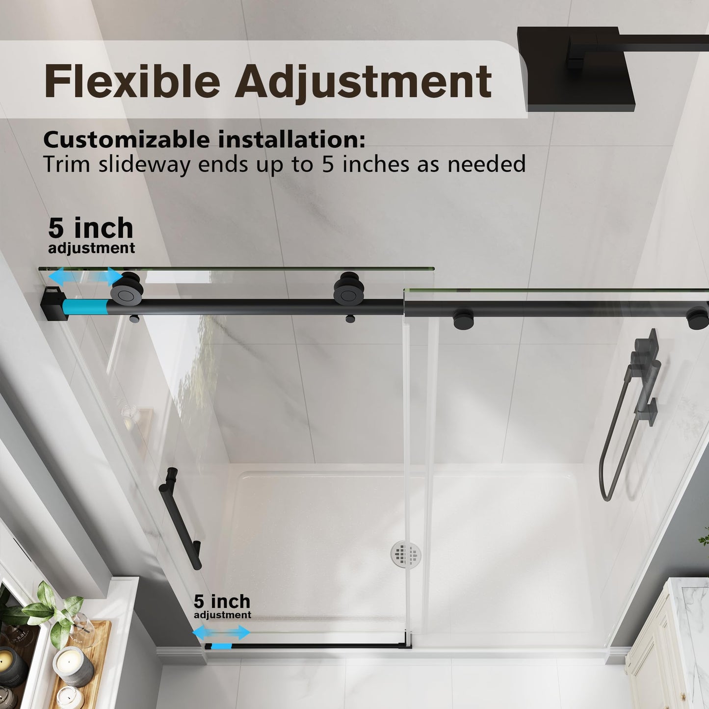 EASYWORC Frameless Glass Shower Door, 61-66" W x 76" H Sliding Frameless Shower Door, 1/4''(6mm) SGCC Tempered Glass, Explosion-Proof Film Nano Coating, Stainless Steel Hardware, Matte Black
