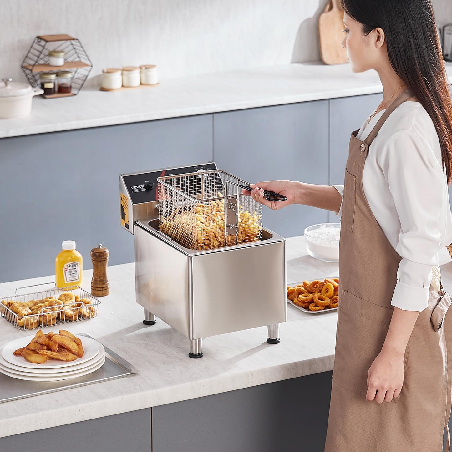 VEVOR Commercial Deep Fryer, 1750W Electric Countertop Fryer with Basket & Height-Adjustable Feet, 12Qt / 11.5L Stainless Steel Single Oil Fryer, Temp Control, Overheat Protection, for Restaurant Use