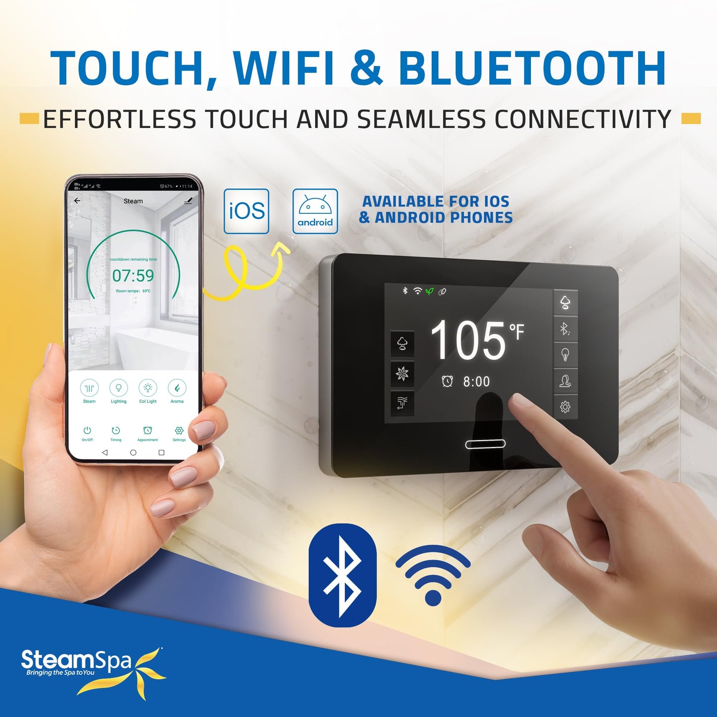 SteamSpa Steam System 9kW Steam Shower Generator with Bluetooth Wifi, Quickstart Continous Steam, Advanced Touch Pad Screen, Chroma Lights, Drain Pan and Auto Drain Chrome RVBS900CH-A