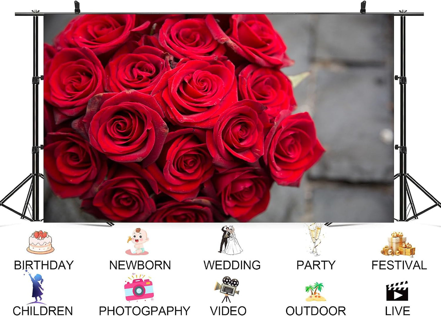 UPXIO 7x7ft Red Rose Bouquet Close Up Backdrop Romantic Floral Arrangement Photo Background Tapestry for Valentine's