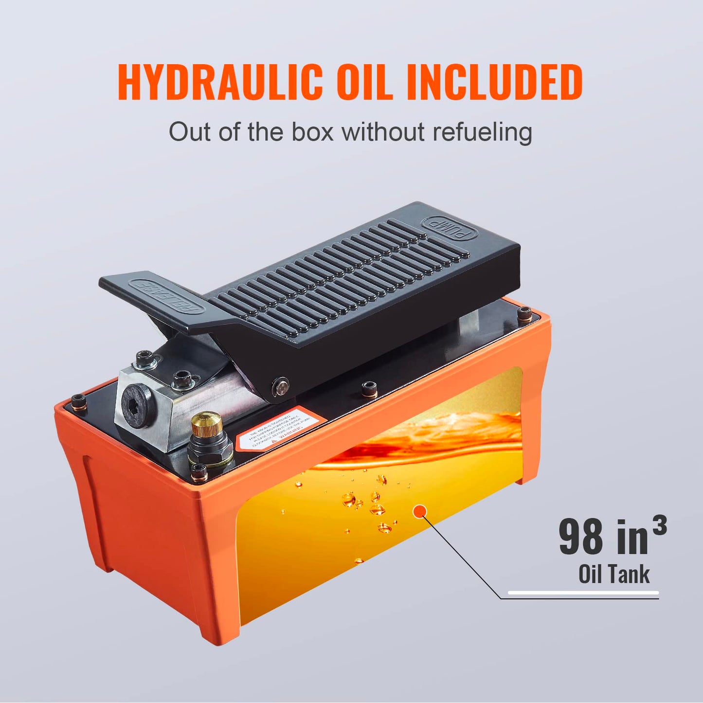 VEVOR Air Hydraulic Pump, 10,000 PSI 1/2 Gal Reservoir, NPT 3/8" Oil Outlet, NPT 1/4" Inlet, 6.6 ft Pipe, Foot Actuated Hydraulic Pump Air Treadle for Auto Body Frame Machines and Pulling Post, Orange