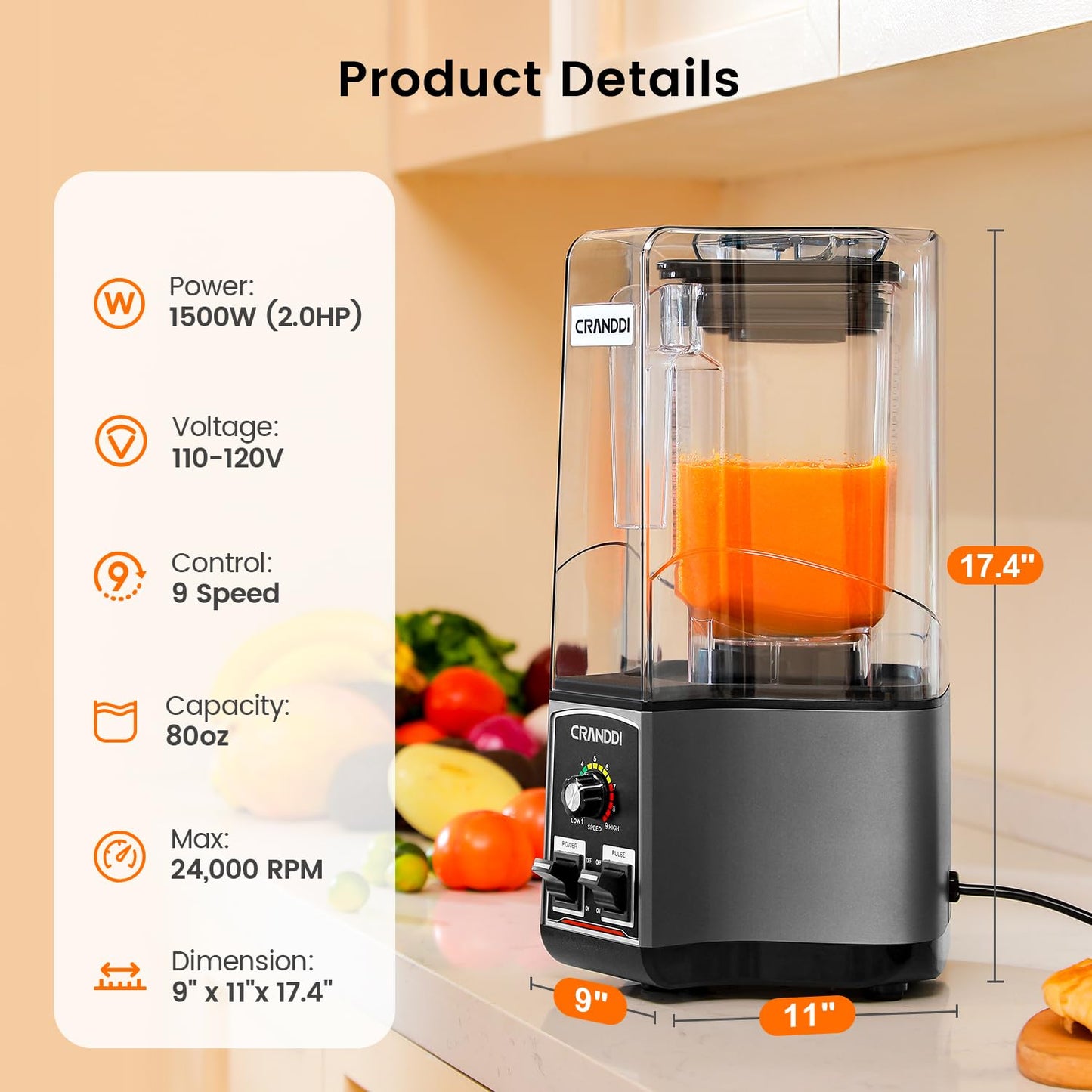 CRANDDI Commercial Blender for Crushing Ice, Chopping, Grinding, Blending, 1500W 80oz Blender with Tamper and Removable Soundproof Cover, K85 (Grey)