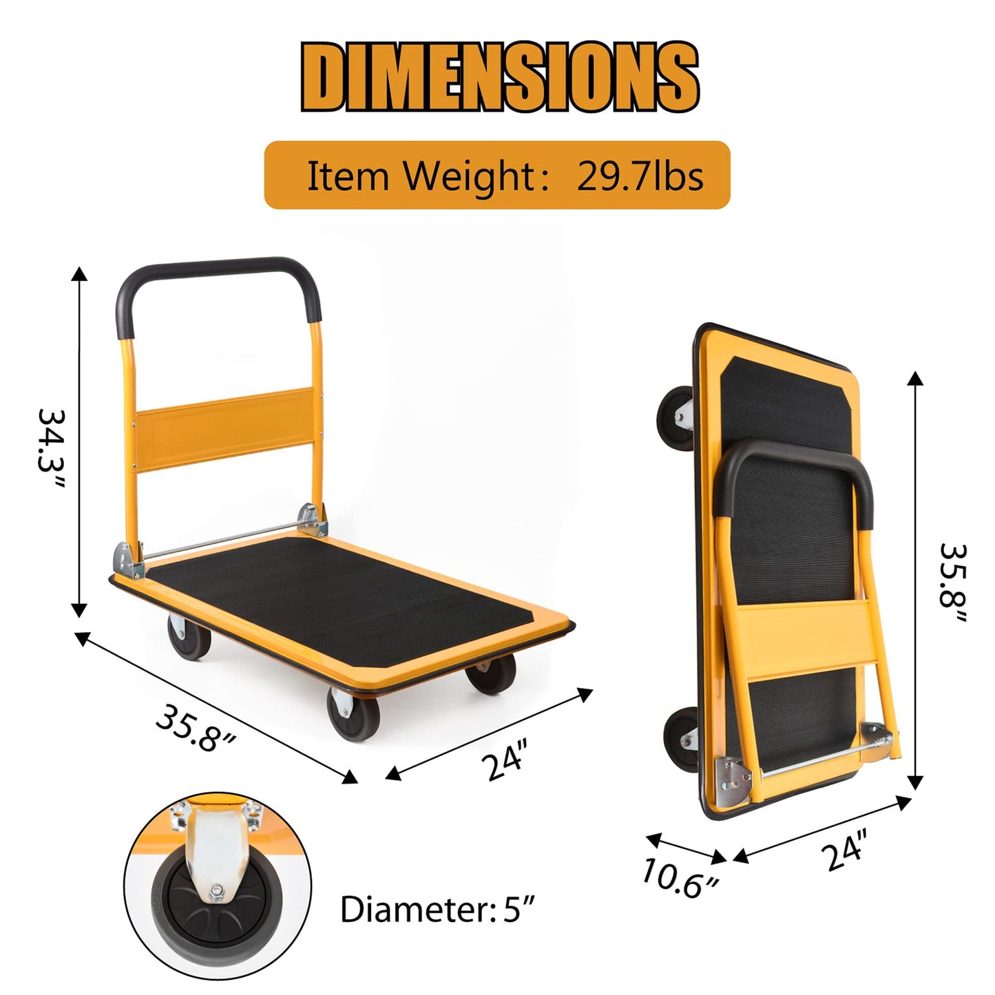 LEADALLWAY Platform Truck Large Size 880lbs 35.8x24x34.3inches Yellow with 2 Rope+Collapsible Service Cart