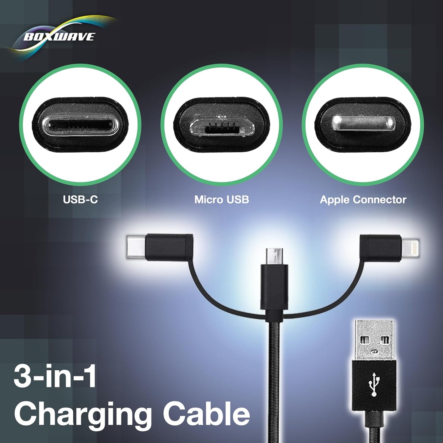 BoxWave 32GB MP3 (1.8 3-in-1 Cable Compatible with RIJAHO Player in) - AllCharge Cable - Jet Black