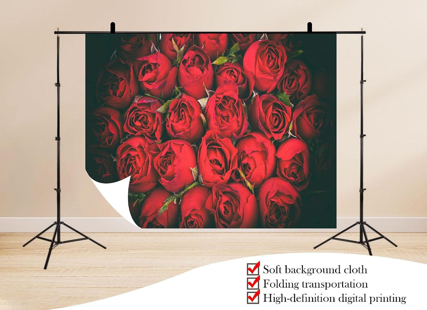 UPXIO 10x7ft Dense Red Roses Bouquet Backdrop Romantic Floral Deep Red Petals Photo Background Tapestry for Wedding