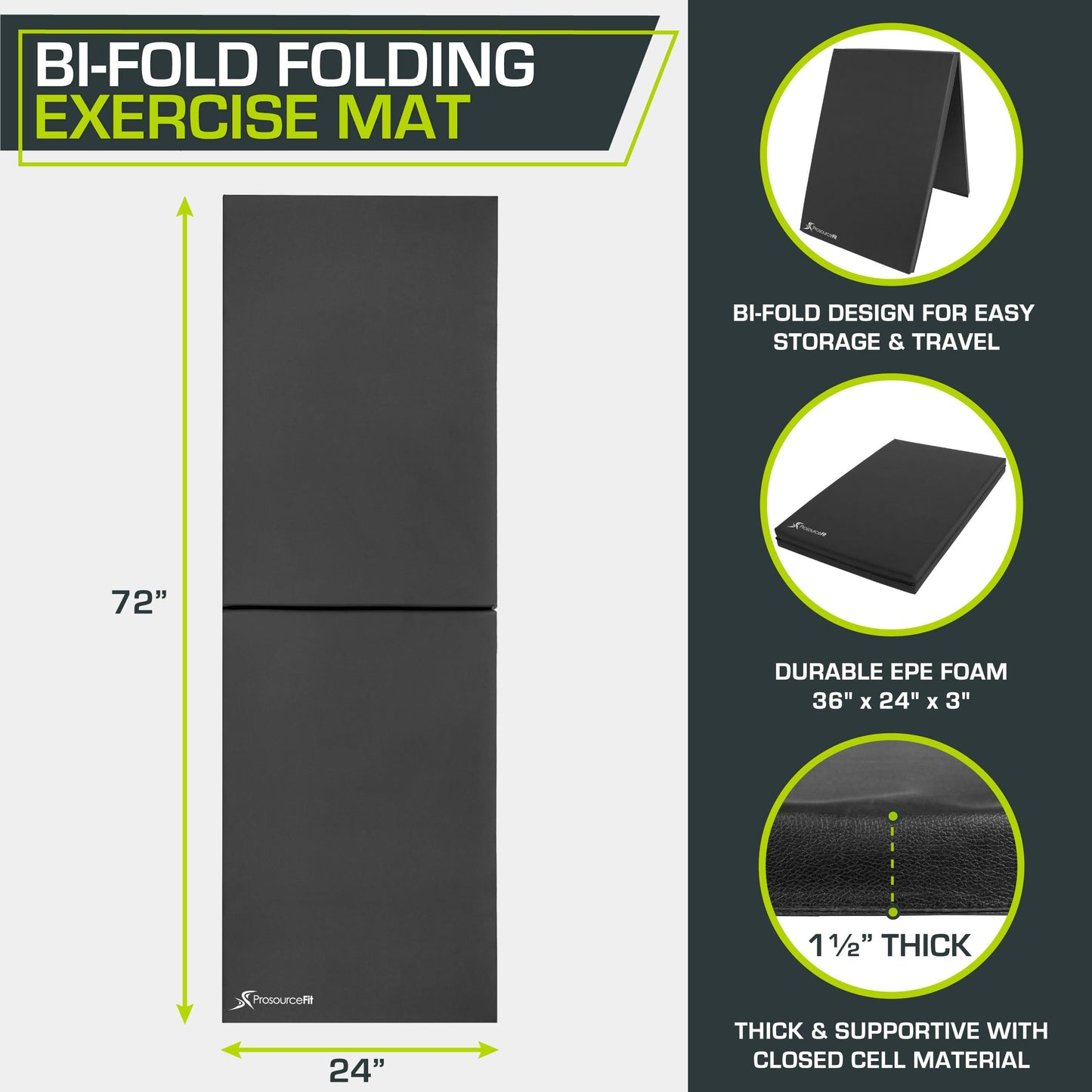 ProsourceFit Bi-Fold Folding Thick Exercise Mat 6’x2’ with Carrying Handles for MMA, Gymnastics Core Workouts, Black