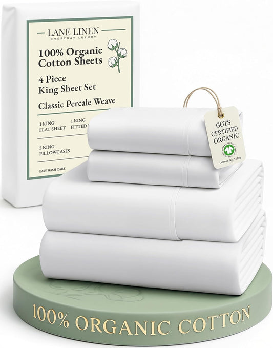 **LANE LINEN 100% Organic Cotton King Size Sheets Set - Soft, Breathable & Eco-Friendly White Bedding**