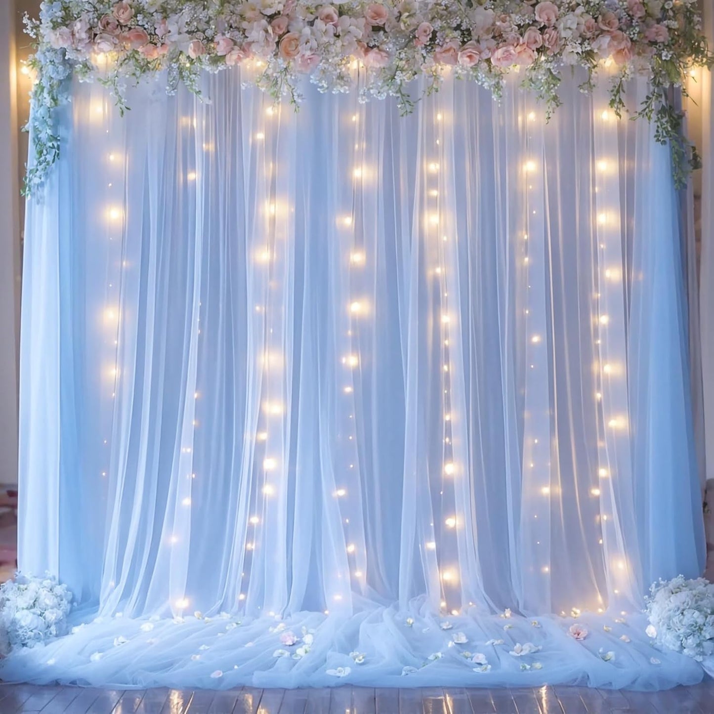 1015ft 2 515ft Baby Blue Sheer Tulle Backdrop Curtains with Lights String for Parties Baby Shower Decorations for Boy