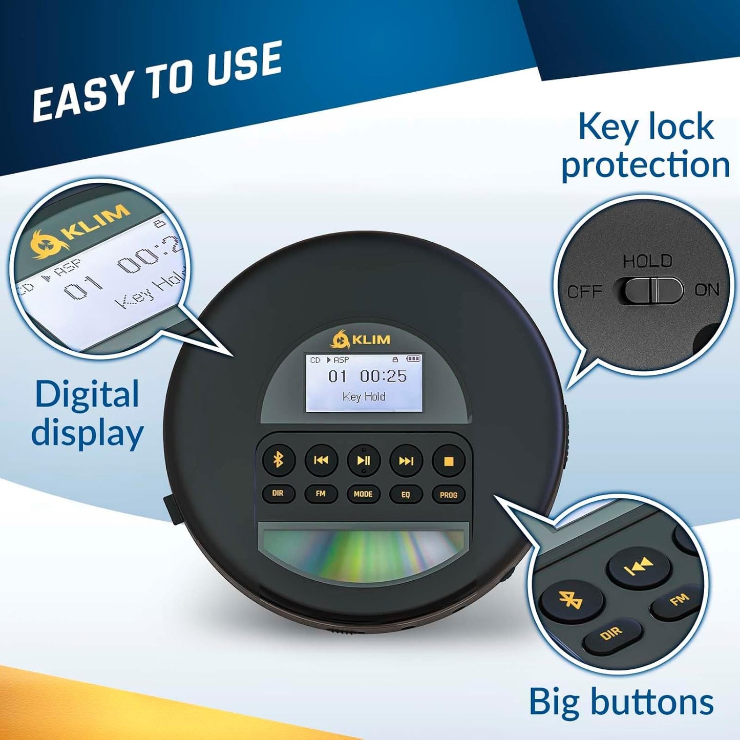 KLIM MP3 Nomad - New - Portable CD Player Walkman with Long-Lasting Battery - with Headphones - Radio FM - Compatible
