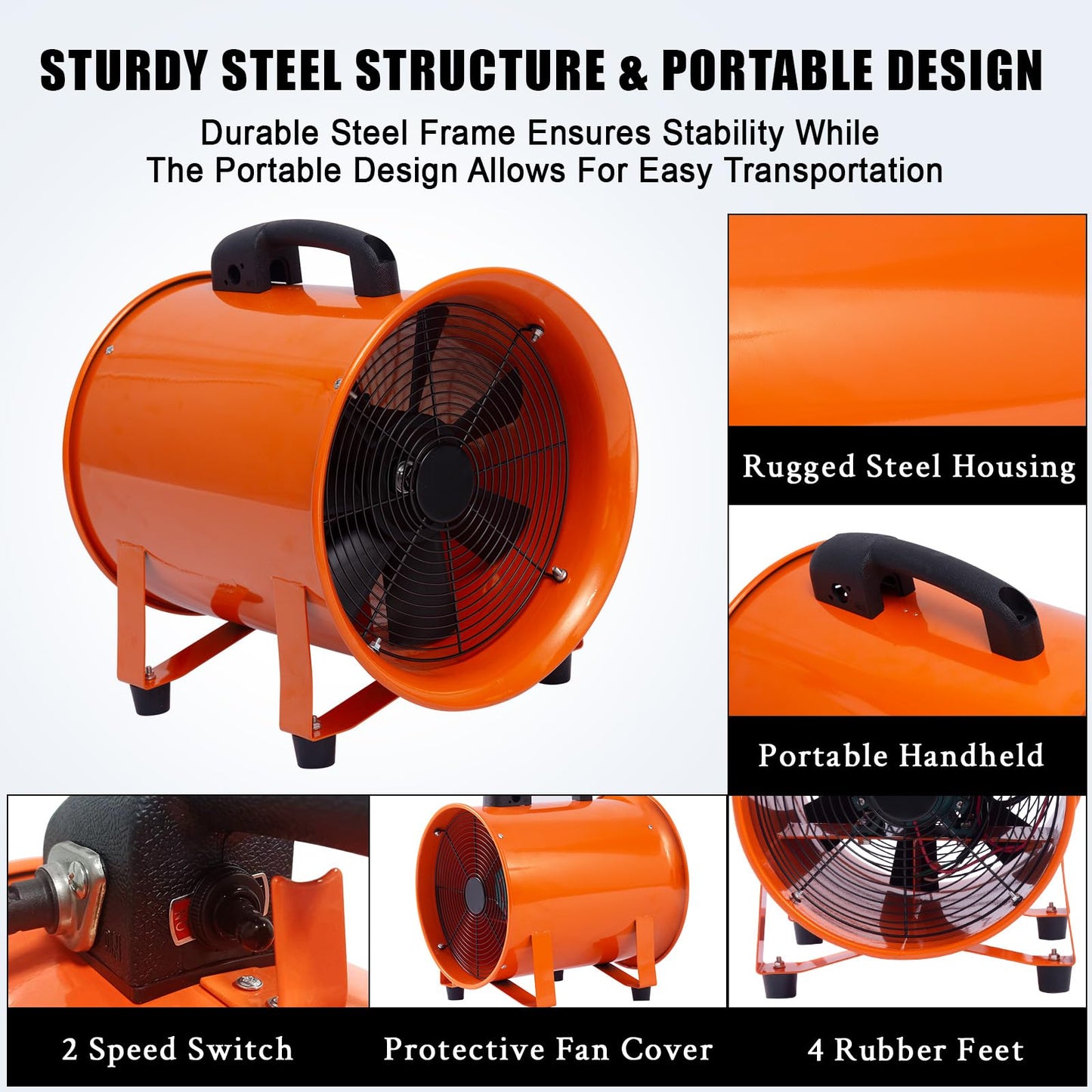 ExploreHorizon 16-Inch Heavy Duty Portable Exhaust Fan - 5500 CFM High Velocity Blower, 2-Speed Adjustable with 32ft Vinyl Hose - Ideal for Crawl Spaces, Attics, Basements, Workshops, Garage