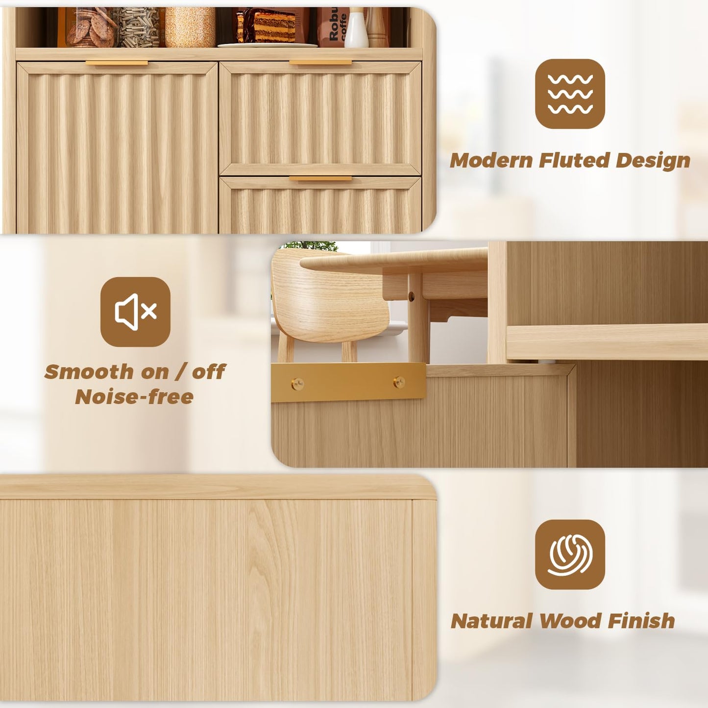 SMORBOSS Coffee Bar Cabinet with Storage, Fluted Buffet Sideboard Cabinet with 3 Drawers & Adjustable Shelf, Rounded Edge Modern Storage Cabinet for Dining Room, Kitchen, Living Room, Entryway, Oak