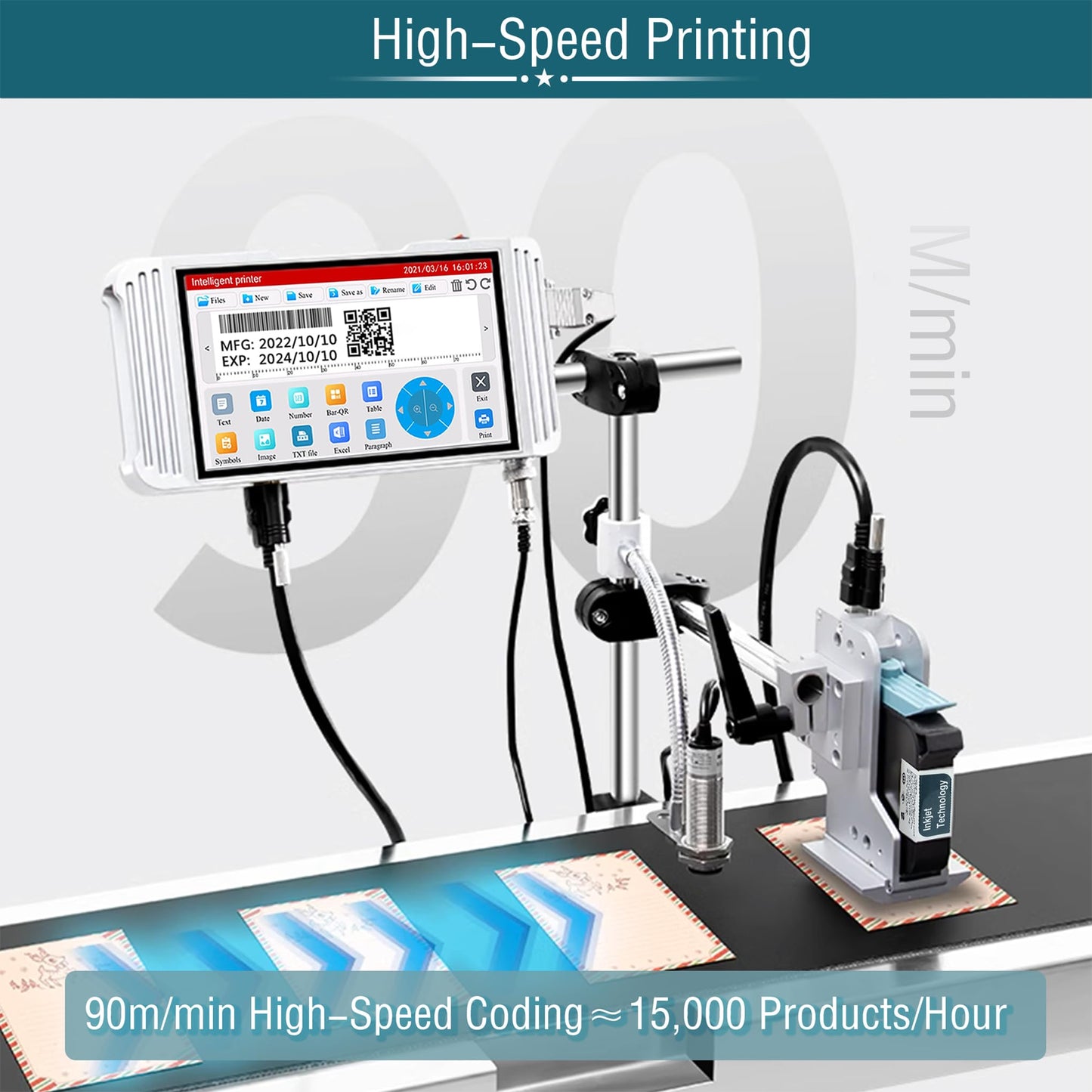 Phezer 1inch/25.4mm Automatic Online Inkjet Coding Machine for Production Line, 23 Languages, Intelligent Variable Data/Date/Logo/Barcode/Image Thermal Inkjet Printer, (2 Nozzles, 70M/min, PW2-1)