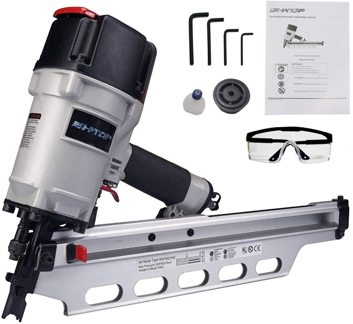 BHTOP 9021NS Framing Nailer 21 Degree 3-1/2" with Depth Adjustment with Set of 2 AP67 Aluminum Magazine (#885-827)