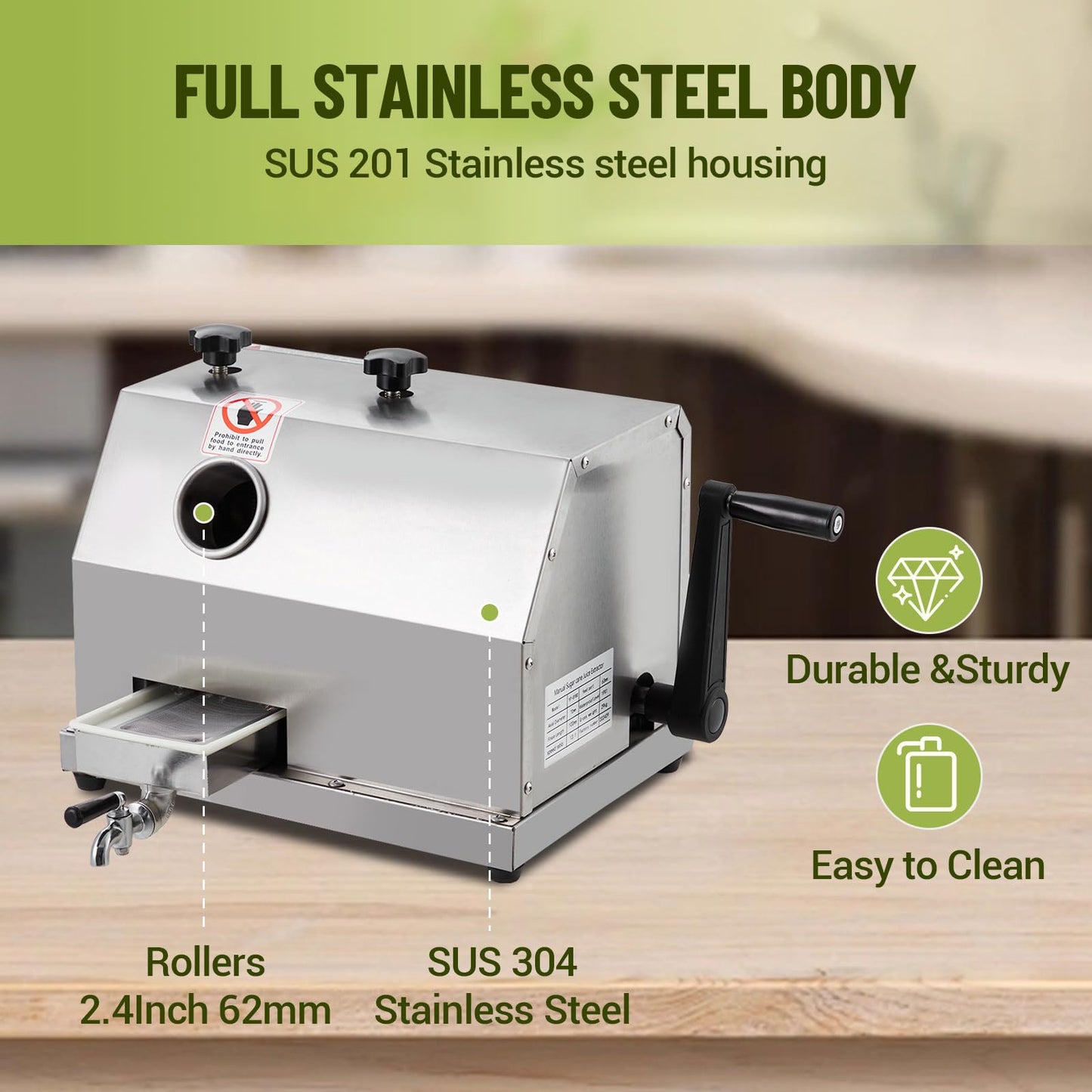 2.4 in Large Inlet Manual Sugar Cane Juicer with 110 LBS/h High Output - Commercial Sugar Cane Press with Stainless Steel 3 Rollers - Sugarcane Juicer for Commercial Use