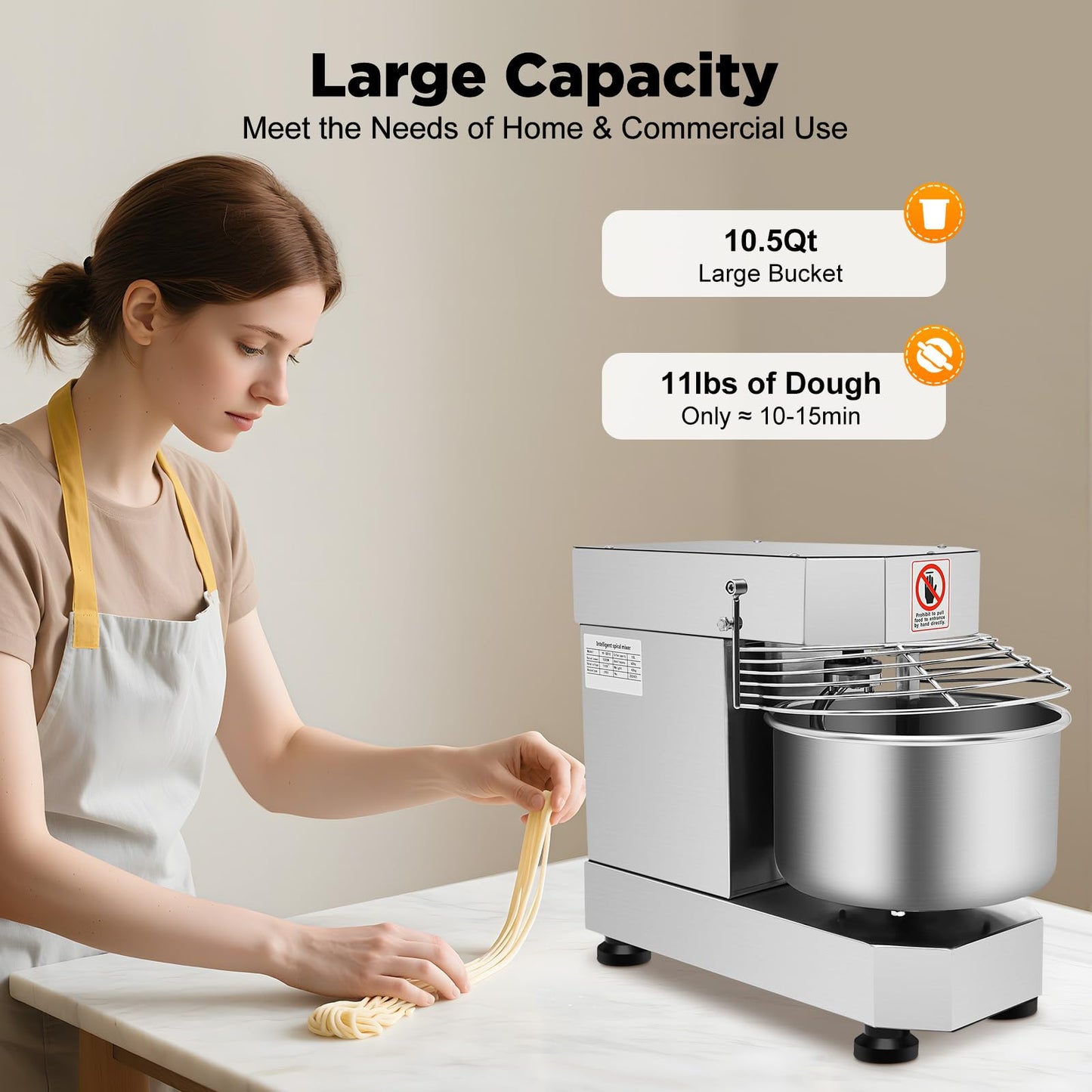 Commercial Food Mixer 2.6 Gal,Commercial Mixer with 100/200RPM Dual Speed, 750W Dough Mixer,Commercial Stand Mixer with Stainless Steel Bowl,Electric Dough Maker for Home Bakery & Restaurant