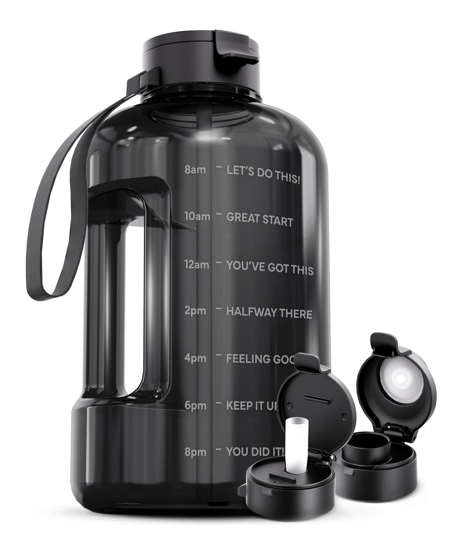 AQUAFIT 128 oz Water Bottle with Time Marker - Straw & Chug Lid - BPA Free 1 Gallon Gym Water Bottle with Handle - Big Gallon Jug (Gray, 128 Ounces)