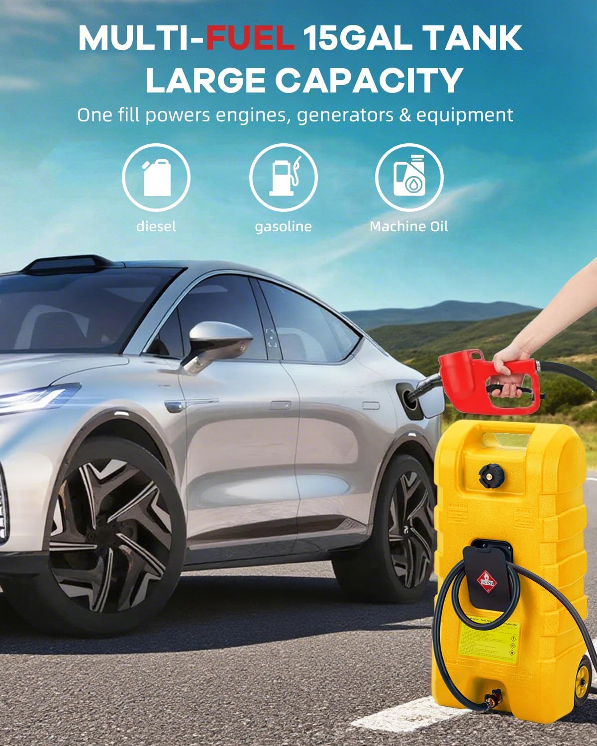 Garvee 15 Gallon Gas Caddy, Heavy-Duty Gas Can and Fuel Caddy with Manual Fuel Transfer Pump, Portable Fuel Tank on Wheels with 10 ft Hose for Lawn Mowers, Cars, Boats, ATVs, Home and Farm Use, Grey