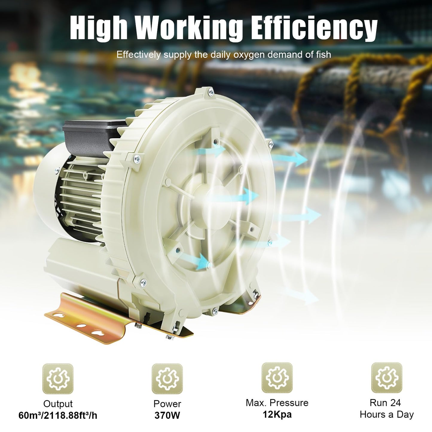 Dfmyhked 370W Aquaculture Vortex Air Blower Pump, 110V 12KPa High Pressure Oxygen Aerator, for Fish Tank Pond Aquarium 60m³/h Commercial Air Pump Blower Dusting