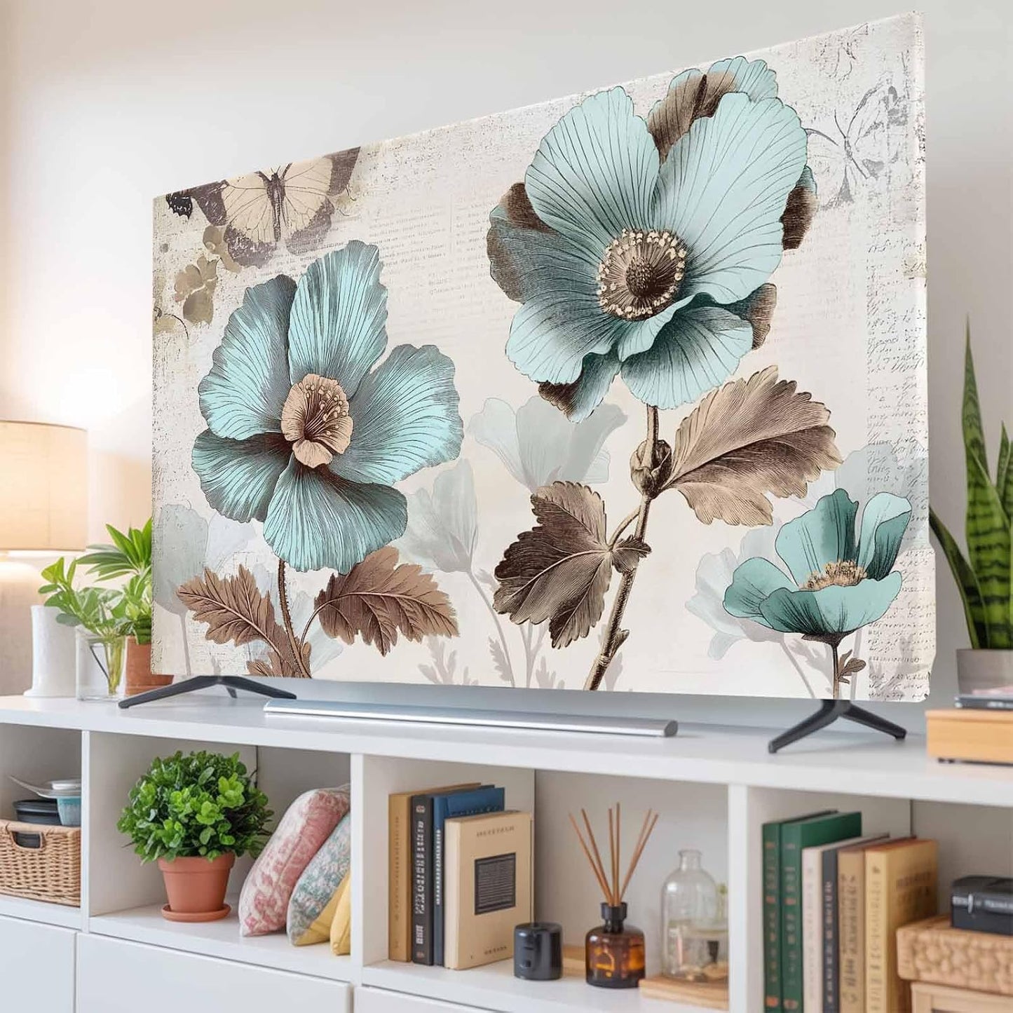 Yukro 32 Inch, 28"x16" Victorian Style Broccoli Butterfly Indoor TV Dust Cover, Blue Flowers Plant Elastic TV Dustproof