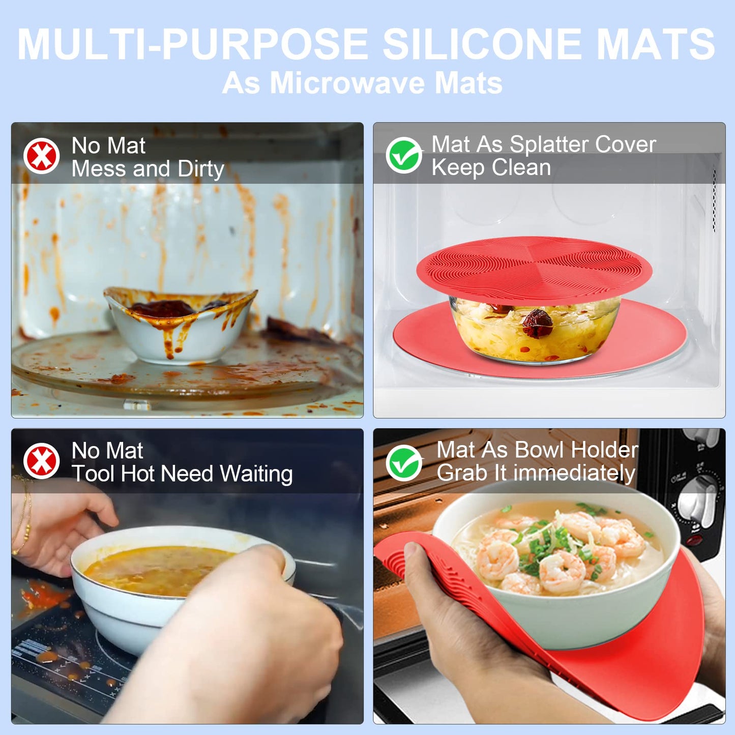 KooMall 12 10 8 Inch Multi-use Microwave Mat, Trivet, Pot Holders, Drying, Baking, Place Mat, Utensils Rest, Silicone Cover Pad for Hot Pot Pans Bowls Plates Dishes Kitchen Counter, Heat Resistant,Red
