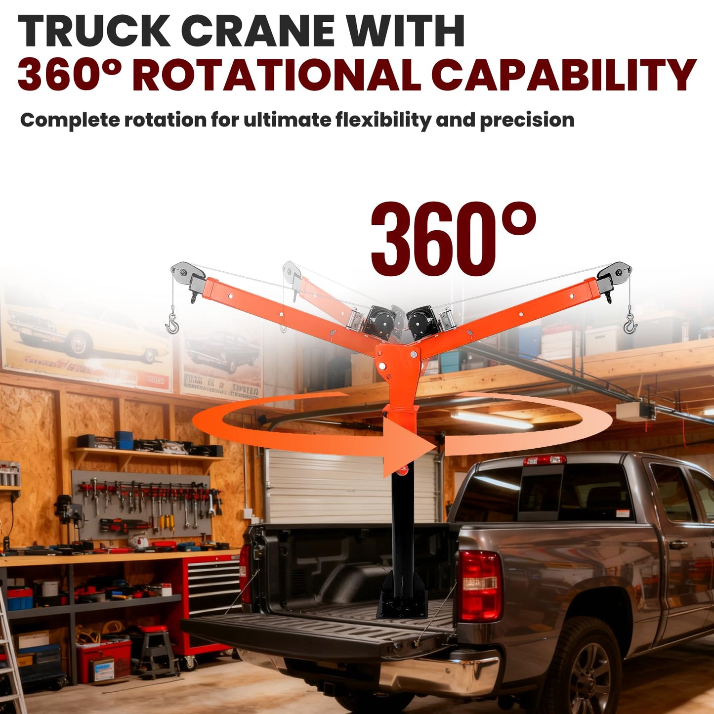 DEFNES 5000LBS Truck Bed Crane, 4000LBS 12V Electric Winch, Painted Alloy Steel Pickup Truck Jib Crane 360° Swivel Lift Electric Hoist, 3 Adjustable Loads & Heights, Truck Crane for Vans(4000LBS V2)