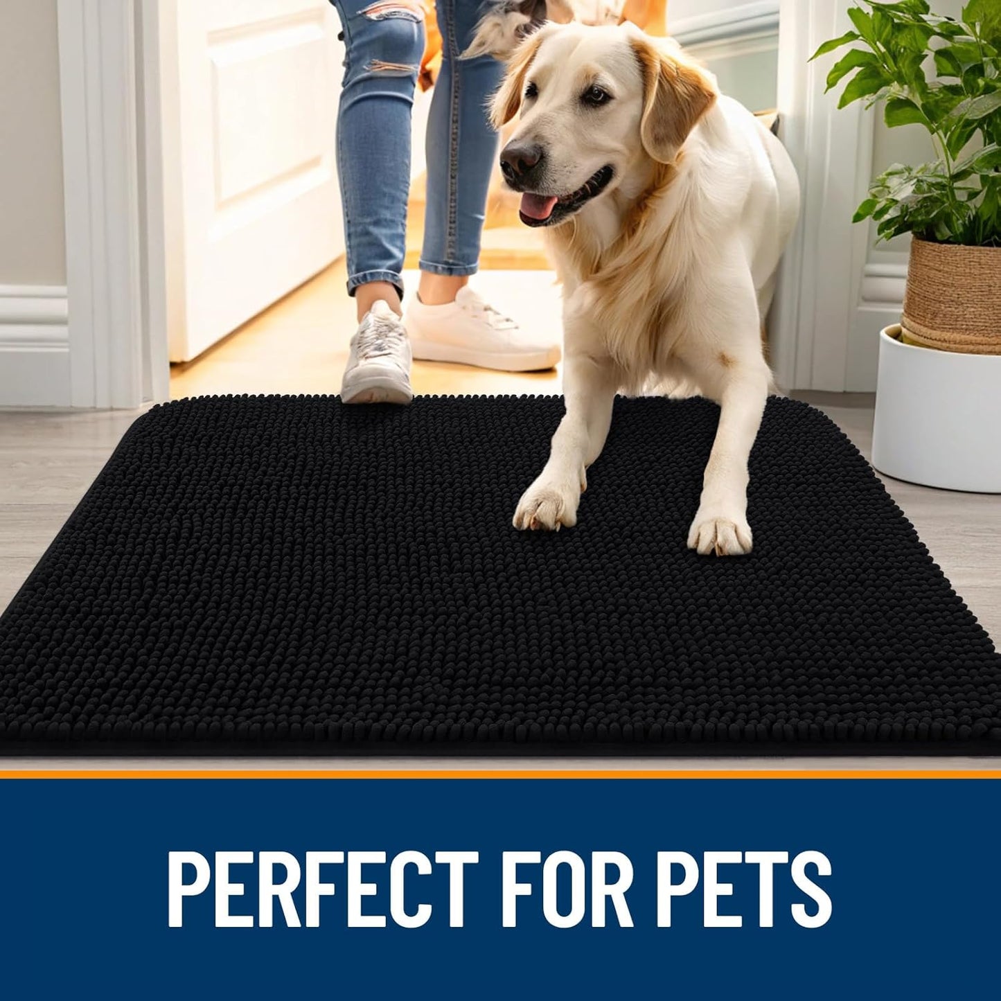 OLANLY Dog Door Mat - Absorbent Non-Slip Chenille Mat for Muddy Paws | 50x30 Inches, Quick Dry, Black