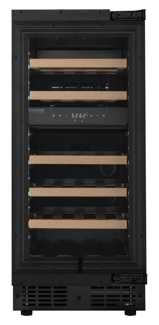 KoolMore Reserve 15 in. Under-Counter Panel Ready Dual Zone Built-in Wine Cooler with 23 Bottle Capacity and Wooden Shelves in Black, ETL Listed (KM-CW28DZ-WPR)