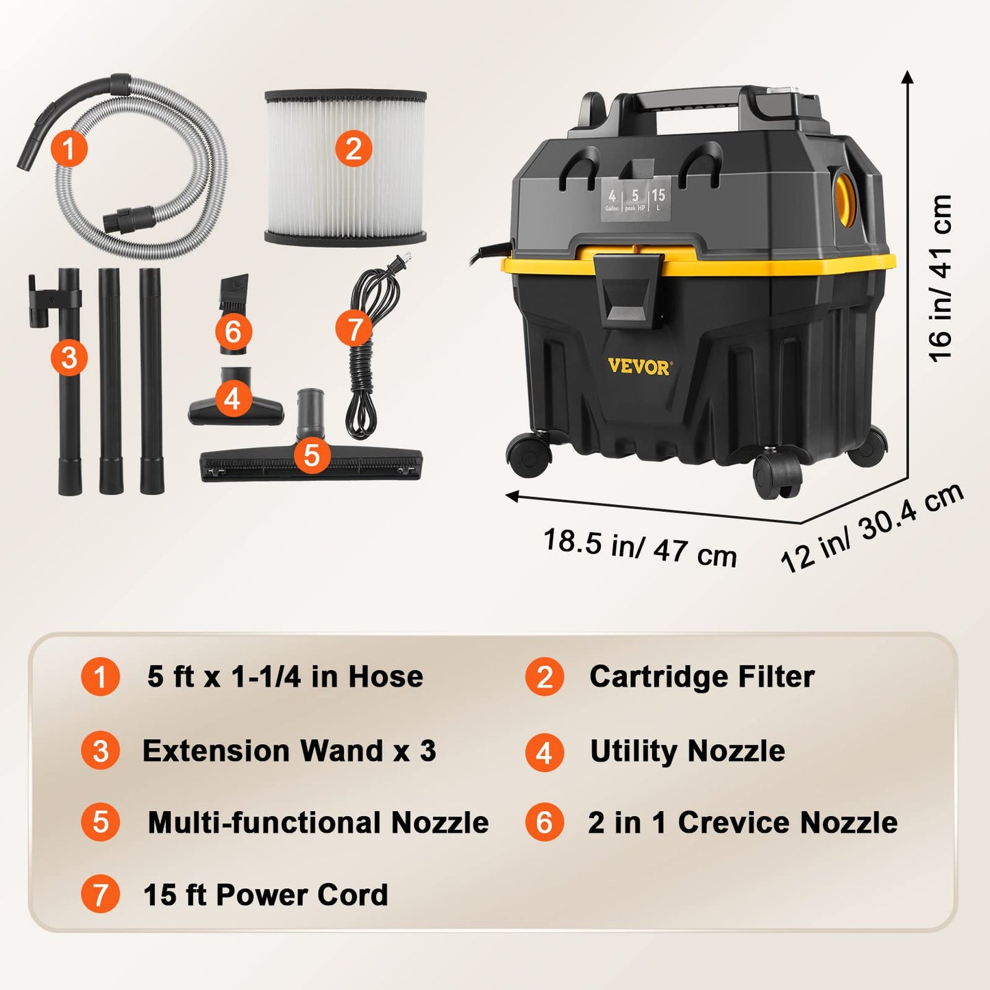 VEVOR Shop Vac Wet and Dry Vacuum Cleaner 4 Gallon 5 Peak HP - Powerful Suction with Blower Function & Attachments 3-in-1 Crevice Nozzle - Perfect for Car Carpet Debris Pet Hair Black/Yellow