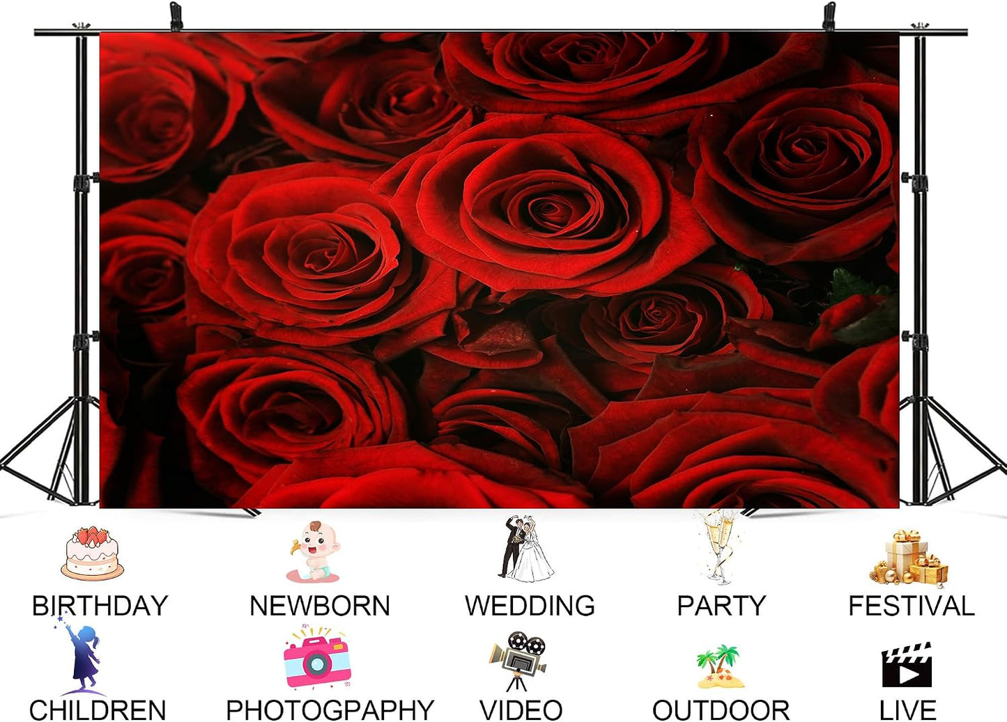 UPXIO 7x7ft Luxury Red Rose Bouquet Backdrop Dense Floral Blooms Photo Background Tapestry for Wedding Anniversary