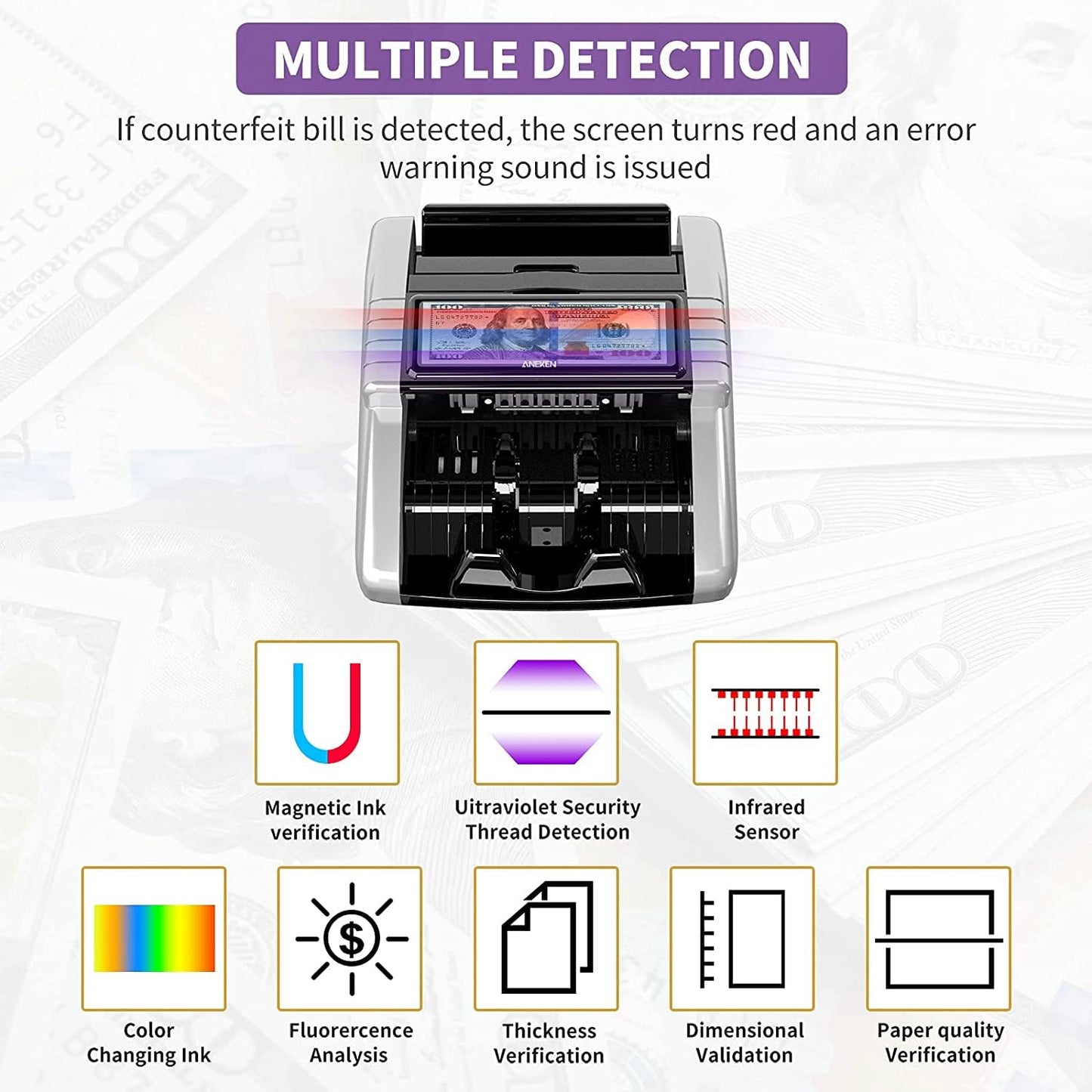 Aneken Money Counter Machine with Value Count, Dollar, Euro UV/MG/IR/DD/DBL/HLF/CHN Counterfeit Bill Detectors，Add and Batch Modes, Cash Counter with LCD Display
