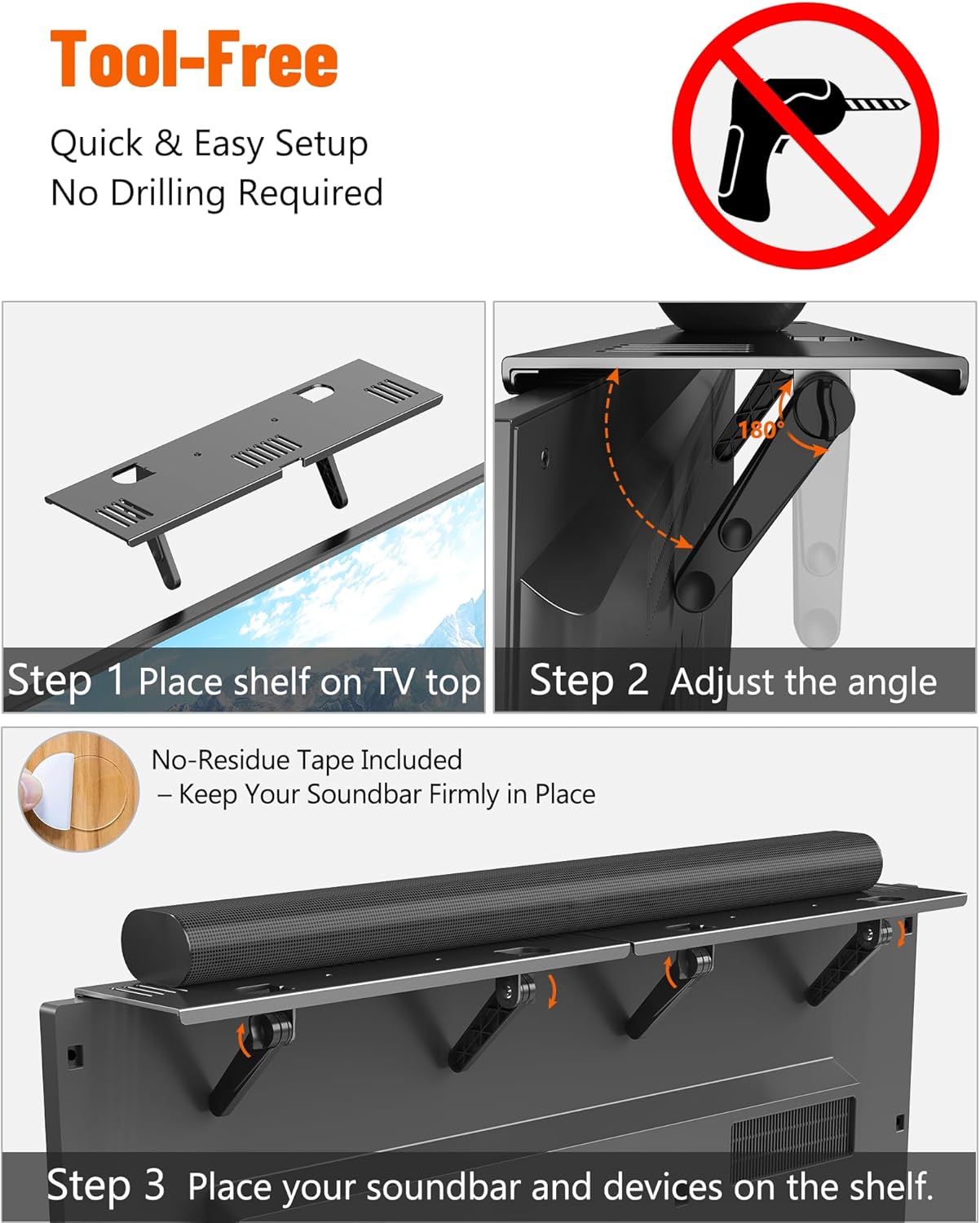 CUISIBOT 15 Lbs, 33.8x4.7inch Soundbar Mount, No Drilling Steel TV Top Shelf Fits Most of Sound Bars Up to Universal