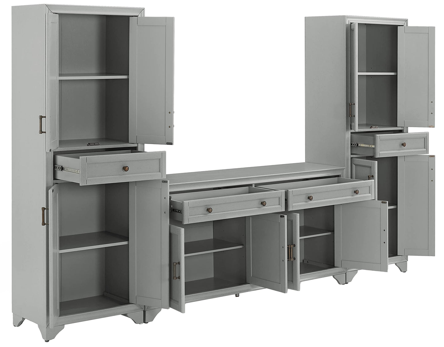 Crosley Furniture Tara 3-Piece Modern Farmhouse Sideboard Buffet Cabinet and Kitchen Storage Pantry Set, Distressed Gray