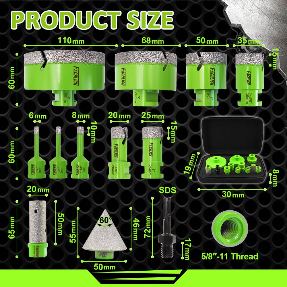 22pcs FACHLICH Tile Hole Saw Kit Diamond Core Drill Bits Set 1/4" 5/16" 4/5" 1" 1-3/8" 2" 3" 4" with 4/5" Finger Bit 2" Beveling Chamfer Bit for Porcelain Ceramic Granite Marble