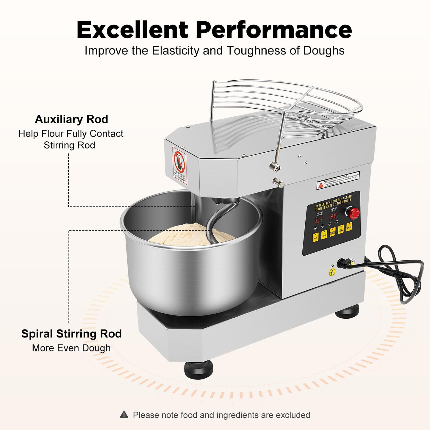 750W Commercial Food Mixer, 2.6Gal(10L) Dough Kneading Machine, 100/200 RPM Dual Speed, 360° Mixing, Copper Motor & Waterproof Switch, for Baking Dough, Whipping Cream, Mixing Salads (Silver)