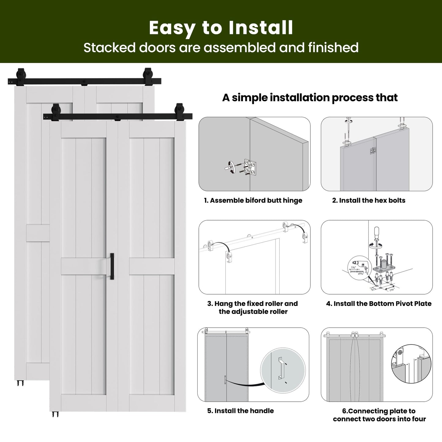 SMARTSTANDARD Bifold Barn Door 72'' x 84'',Bi-Fold Sliding Closet Doors with Hardware Kit Included,80'' Track Kit for 4 Doors,Waterproof & Quiet,Pre-Drilled Holes Easy Assembly,White