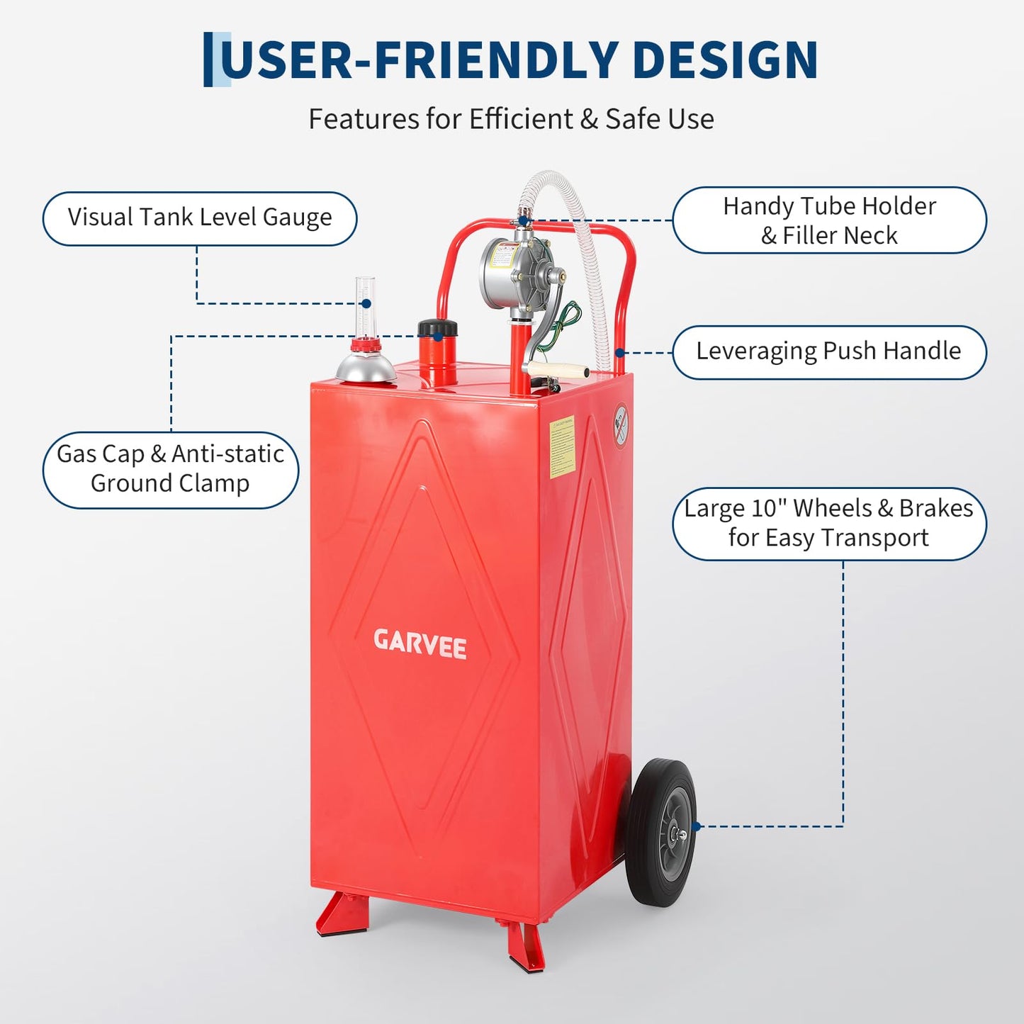 35 Gallon Fuel Gas Caddy Storage Tank, Portable Gas Caddy with Wheels, Manual Rotary Transfer Pump, Fuel Hose, Wide Fill Opening, Vent and Level Gauge, Mobile Gasoline Diesel Transfer Tank for ATV, Mower, Tractor, Car, Boat