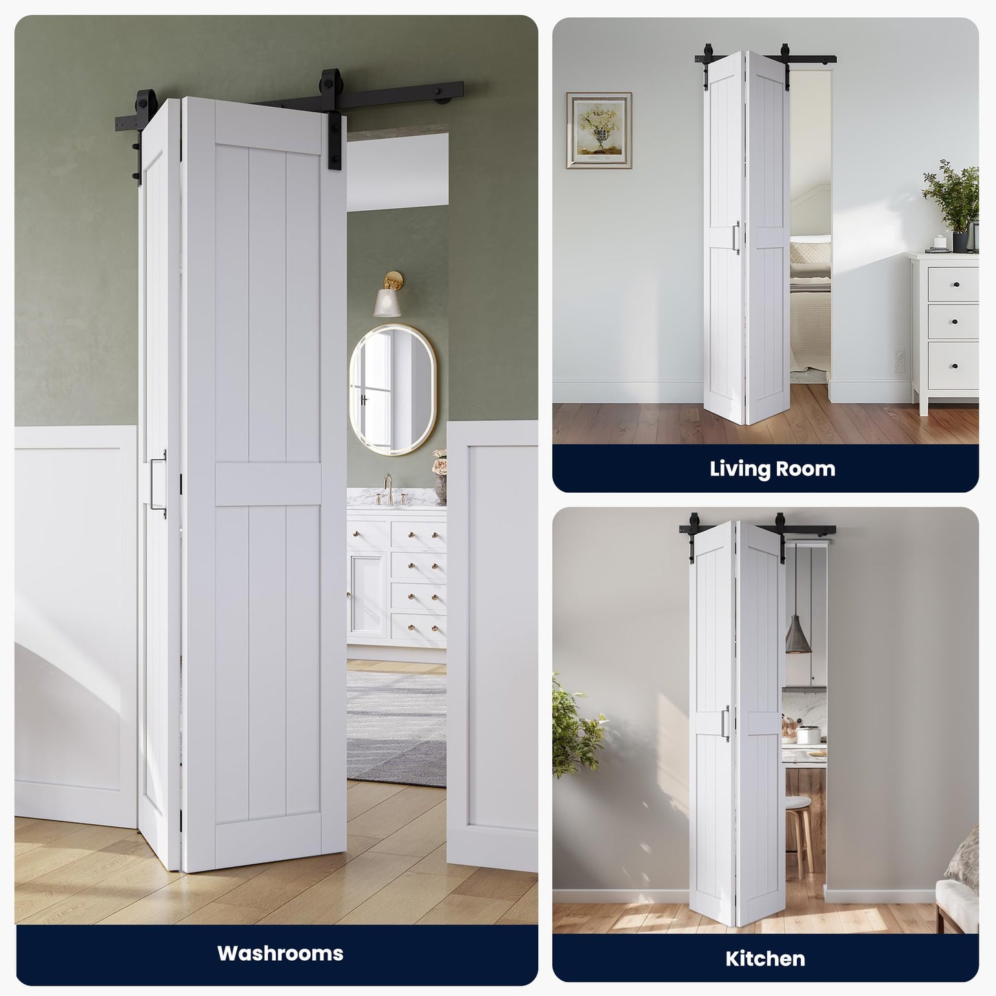 Bifold Barn Door 28" x 84", MDF Bi-Fold Sliding Closet Doors with Hardware Kit Included, Pre-Finished Easy Assembly, Water-Proof PVC Surface & Save Space, H-Frame, 32" Track for 2 Doors,White