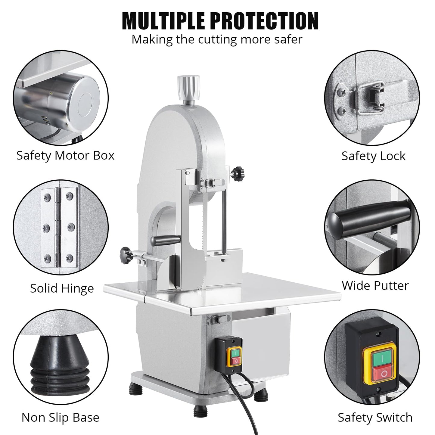 1100W Commercial Electric Meat & Bone Band Saw with Stainless Steel Table (19.3"X15"), Adjustable Thickness 0.16-7.9", Includes 5 Blades – Frozen Meat Cutter Ideal for Butcher Shops, Restaurants, Home