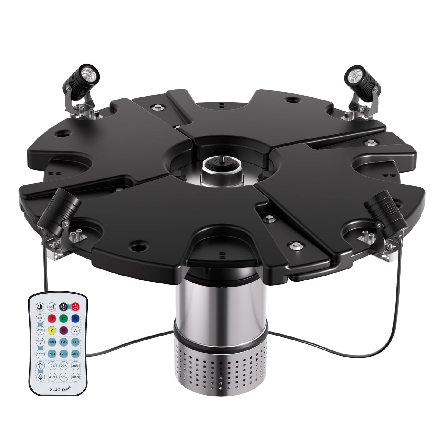 FS02 110V, 1/2 HP, Large Pond Floating Fountain with LED RGB Lights, Oil Free Pump 9000 GPH with 100’ Cord, Two Spray Patterns Included