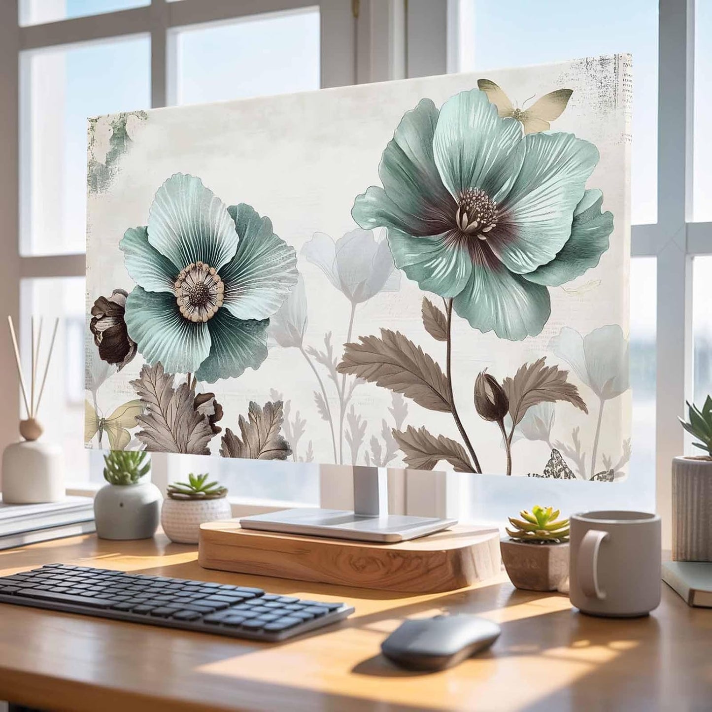Yukro 85 Inch, 74"x42" Teal Broccoli Indoor TV Dust Cover, Rustic Farmhouse Flower Leaf Victorian Style Elastic TV
