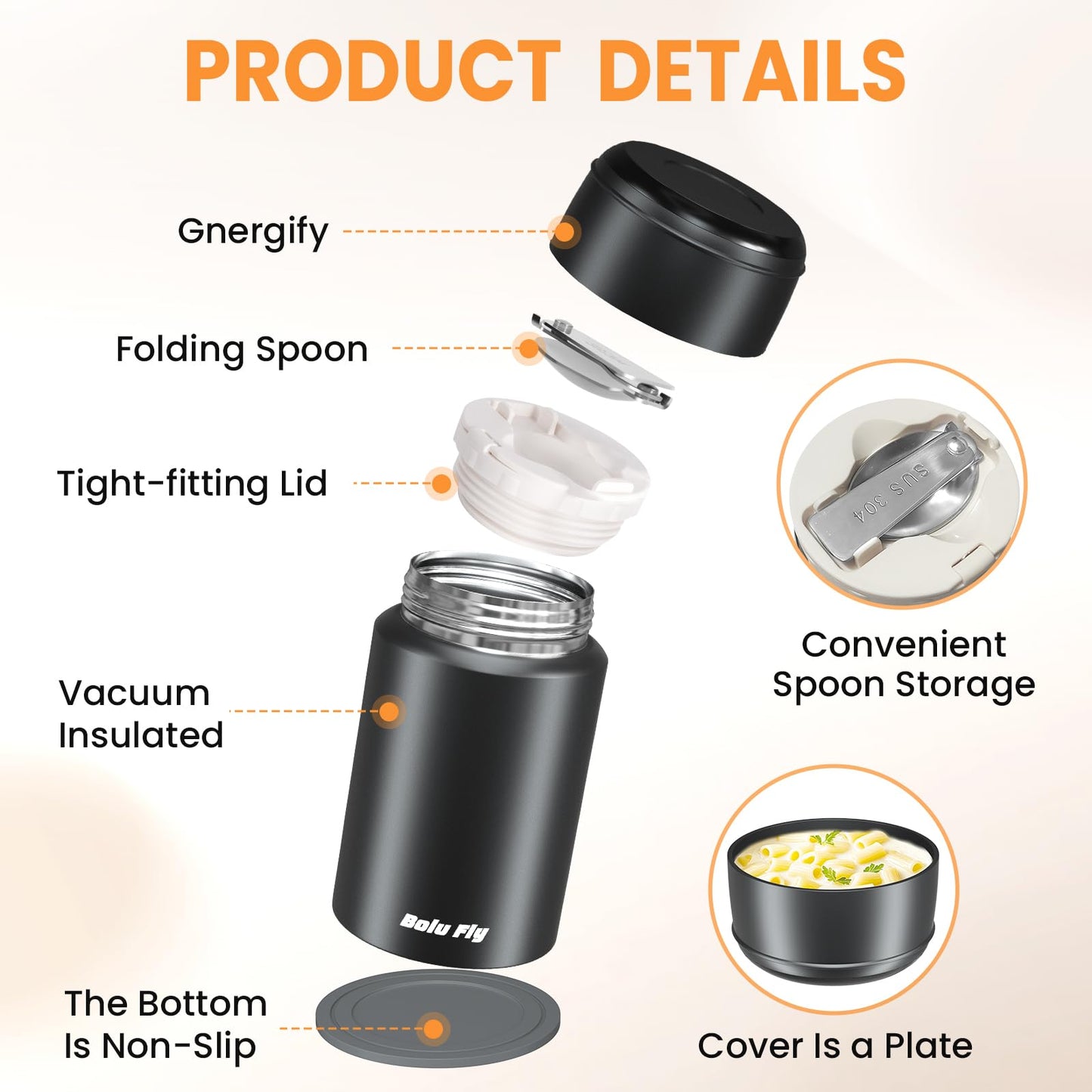 Bolu Fly 2 Pack Soup Thermo for Hot Food for Adults, Insulated Food Jar, Stainless Steel Vacuum Thermal Lunch Box Containers with Carry Bag and Spoon (18.5oz, 27oz) (Black)