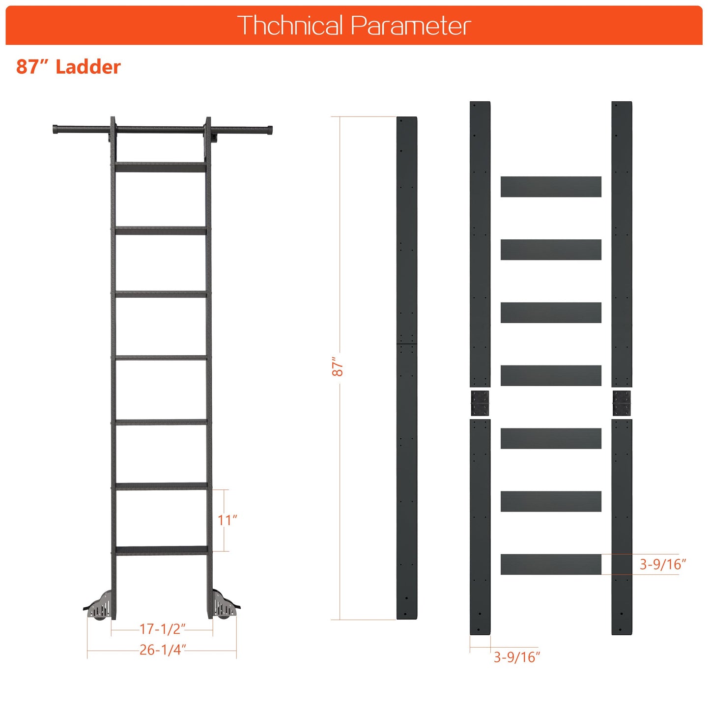 87" Sliding Library Ladder, Black +8FT Rolling Track Kit