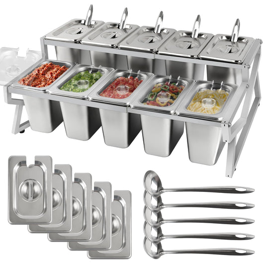 Kalolary 10 Pans Pizza Topping Storage Station, 2 Row Adjustable Stainless Steel Condiment Containers with Lids Spoons Ice Food Serving Display Container Salad Bar Buffet Station for Home Kitchen