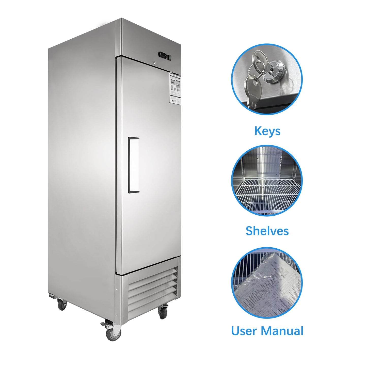 JINSONG 27" Commercial Freezer with Single Solid Door, 23 cu.ft Stainless Steel Reach-in Freezer for Restaurant, Bar, Shop, Residential, with 4 Shelves and 4 wheels