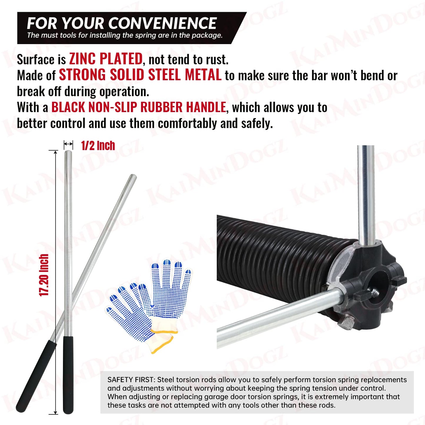 KaiMinDogz Pair of 2" Garage Door Torsion Springs Set with Non-Slip Winding Bar & Gloves,High Precision Electrophoresis Black Coated, for Replacement & Installation, MIN 16,000 Cycles (0.192x2''x20'')