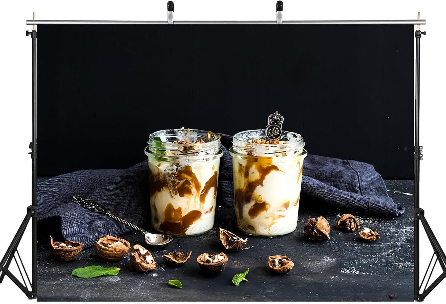 LidyMini 10x8ft Fabric Yogurt Parfaits with Caramel and Walnuts Backdrop Dark Moody Surface Mint Leaves Photography